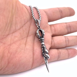 Vintage dragon vajra pestle pendant in titanium steel with polished silver-gray finish