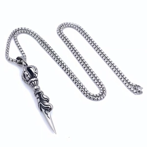 Vintage stainless steel dragon vajra pestle pendant necklace for men in antique silver finish