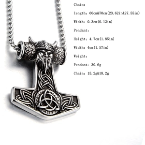 Detailed view of Viking Mjolnir pendant with dimensions and warrior knotwork design