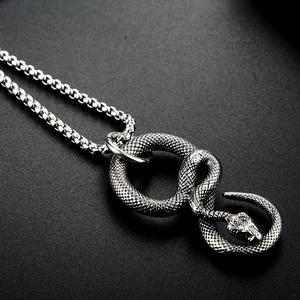 Vue macro du pendentif serpent argenté avec écailles détaillées et chaîne maille