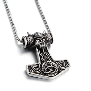 Vintage Viking Hammer Pendant Necklace Stainless Steel Mjolnir Celtic Knot Rune Warrior Head For Men Boys Jewelry