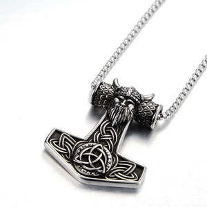 Retro Mjölnir pendant necklace with Viking warrior head and runes in stainless steel