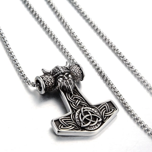 Vintage Thor's Hammer Mjolnir pendant necklace in stainless steel with Viking engravings