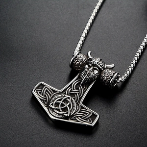 Vintage Thor's Hammer Mjölnir pendant necklace with Viking warrior head and Celtic knots