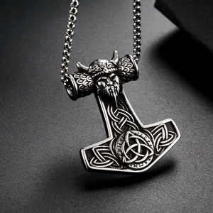 Retro Viking Mjolnir pendant necklace in vintage steel with Celtic knot and rune details