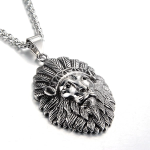 Vintage Stainless Steel Lion Head Pendant Necklace Indian Feather Crown Punk Ethnic Tribal Jewelry Unisex Gift Necklace