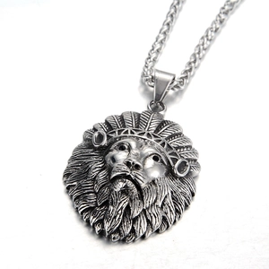 Vintage silver lion head pendant necklace with Indian feather crown and wheat chain