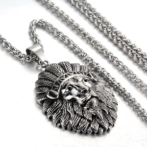 Polished titanium steel lion head pendant with Indian feathered headdress on wheat chain