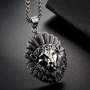 Men's retro stainless steel lion head pendant necklace with Indian feather crown