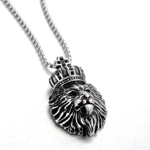 Collier Pendentif Tête de Lion Vintage en Acier Inoxydable Couronne Croix Strass Hip Hop Argent Antique Bijoux pour Hommes