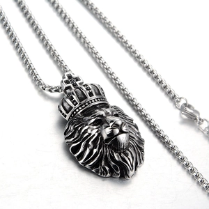 Collier pendentif lion vintage avec couronne en acier inoxydable et chaîne box