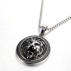 Retro lion head medallion pendant necklace in silver stainless steel with box chain