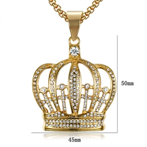 Hip hop crown pendant necklace in gold-plated steel with white crystals, 50mm x 45mm size