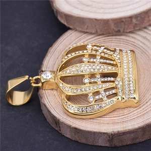 Hip hop style gold plated crown pendant necklace with sparkling white zircon stones