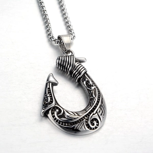 Retro Edelstahl Angelhaken Anhänger Halskette Für Herren Damen Stammestotem Geschnitzter Ozeanischer Stil Gotik Schmuck Geschenk