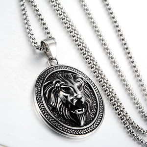 Close-up of a 3D lion head pendant necklace in silver titanium steel with box chain