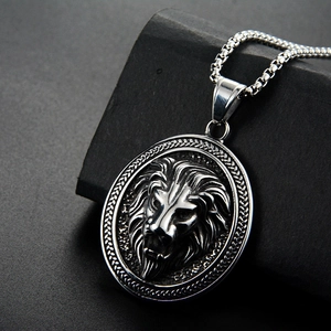 Retro stainless steel necklace with 3D embossed lion head pendant on silver box chain