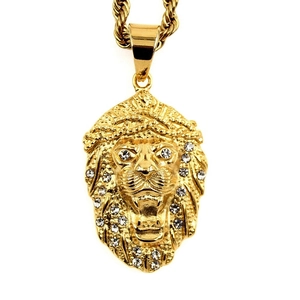 Pendaglio Testa di Leone Hip Hop in Acciaio Inossidabile 316 Placcato Oro Strass Iced Out Gioielli da Uomo Motociclista Solo Pendaglio