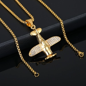 Collar con colgante de avión dorado hip hop con pedrería brillante en cadena de caja