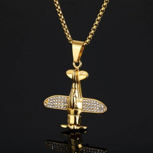Colgante de Avión de Acero Inoxidable Bañado en Oro Hip Hop para Hombre Mujer Joyería de Avión con Zirconia sin Cadena