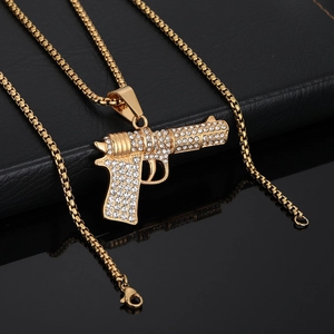 Hiphop halsketting met gouden pistool hanger en glanzende witte zirkonia's