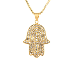 Collana con ciondolo a mano di Fatima placcata in oro con cristalli e catena a scatola