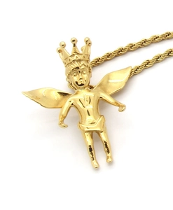 Detailed close-up of a golden cherub angel pendant with crown on a rope chain