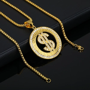 Hip hop gold plated dollar sign pendant necklace with crystals on a black box chain