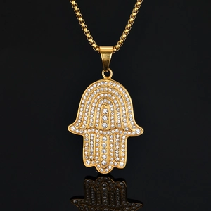 Ciondolo Mano Di Fatima Vintage Acciaio Inossidabile 316 Placcato Oro Strass Religioso Solo Ciondolo Senza Catena