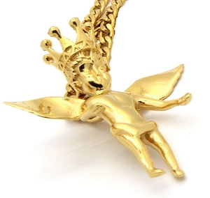 Detail of 3D carved gold angel pendant with crown on a sturdy Cuban chain necklace