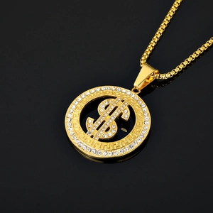 Hiphop gold plated dollar sign necklace with sparkling cubic zirconia on box chain