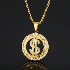 Hip Hop Stainless Steel Dollar Sign Pendant Necklace Gold Plated Inlaid Rhinestone Greek Key Meander Pattern Jewelry