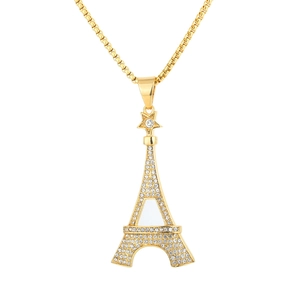 Pendentif Tour Eiffel doré orné de cristaux de zircon avec chaîne maille vénitienne