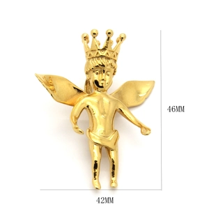 Polished gold angel pendant in stainless steel, measuring 46mm height and 42mm width