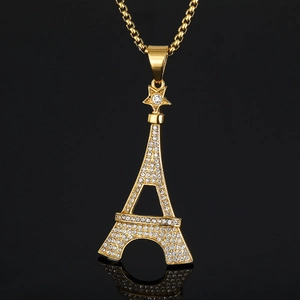 Pendentif Tour Eiffel en Acier Inoxydable 316 Plaqué Or Seul Sans Chaîne Zircone Incrusté Style Parisien Bijoux Femme