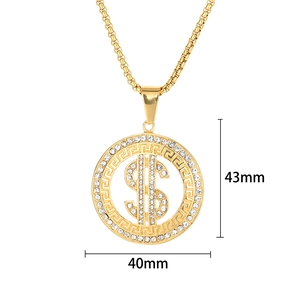 Hip hop gold plated stainless steel dollar sign pendant necklace with zircon and meander pattern