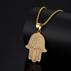 Collana Mano di Fatima vintage con cristalli bianchi su catena d'oro in acciaio inossidabile
