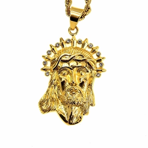Collier Vintage Religieux avec Pendentif Portrait de Jésus en Acier Inoxydable Strass Plaqué Or Chaîne Corde pour Homme Femme Bijoux