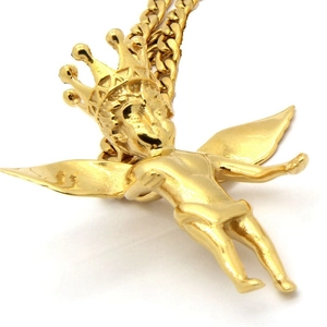 Vintage gold plated stainless steel angel cherub pendant necklace with crown details