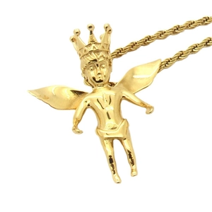 Vintage gold-plated stainless steel cherub angel pendant with a rope chain necklace