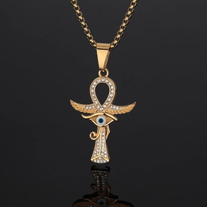 Vintage 316 Stainless Steel Ankh Cross Pendant Rhinestone Inlaid Eye of Horus Evil Eye Egyptian Religious Pendant Jewelry For Men Women