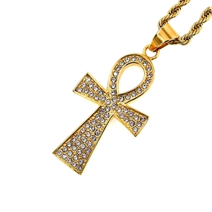 Pendentif croix Ankh classique en acier inoxydable plaqué or avec strass étincelants