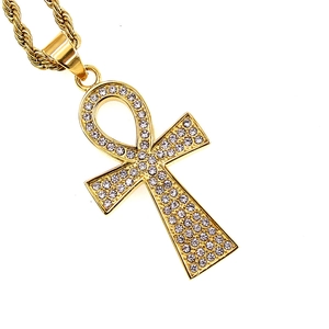 Collier Pendentif Croix Ankh en Acier Inoxydable Plaqué Or Vintage pour Hommes Femmes Pavé de Strass Symbole de Vie Égyptienne