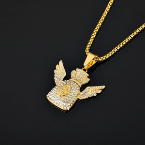 Pendentif sac d'argent doré hip hop avec ailes et strass sur une chaîne à maillons