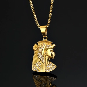 Pendentif Seul Portrait de Pharaon Égyptien Cléopâtre Acier Inoxydable Or Strass Incrusté Bijoux Hip Hop pour Hommes