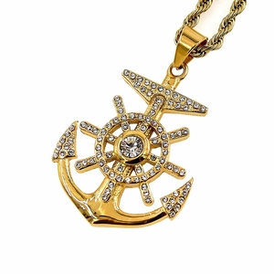 Collana con pendente ancora e timone bussola in oro con strass di cristallo scintillanti