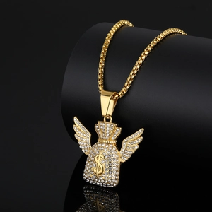 Collier hip hop avec pendentif sac d'argent doré serti de strass et symbole dollar