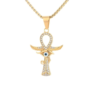 Gold-plated stainless steel Ankh and Eye of Horus pendant necklace with white rhinestones