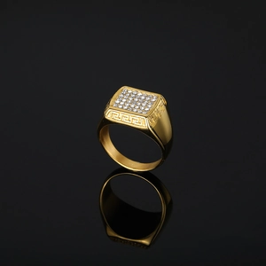 Anello Rettangolare in Acciaio Inossidabile Hip Hop Placcato Oro Pavé di Strass Motivo Greca Quadrato Gioielli Punk per Uomo Donna