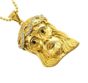 HIPHOP Jesus head pendant necklace in gold-plated steel with sparkling crystal crown